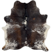 Dark Brown and White Speckled Brazilian Cowhide: has a mix of dark brown and dark golden brown with white speckles and spots - 6'2" x 5'4"(BRSP3199)