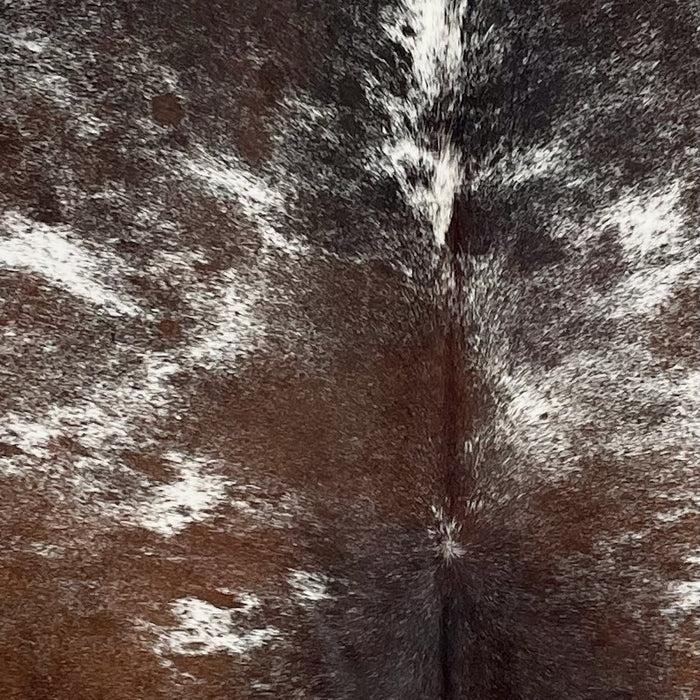 Closeup of this Tricolor Speckled Brazilian Cowhide, showing a mix of brown and black, with white speckles and spots (BRSP3206)