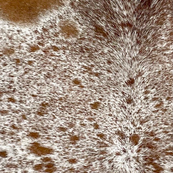 Closeup of this Speckled Brazilian Cowhide, showing white with reddish brown speckles and spots  (BRSP3210)