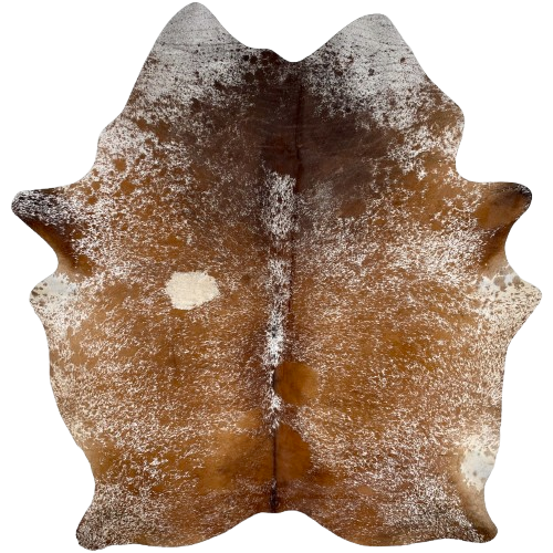 Two Tone Brown and White Speckled Brazilian Cowhide: white with golden brown speckles and spots, and chocolate on the shoulder- 6'7" x 5'7" (BRSP3218)