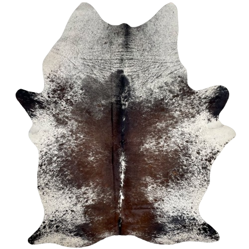 Large Tricolor Speckled Brazilian Cowhide: white with chocolate and black speckles and spots - 7'7" x 5'7" (BRSP3227)
