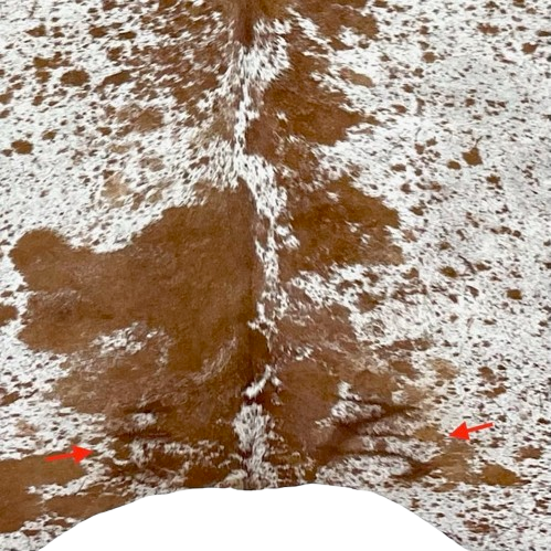 Closeup of this Large Brown and White Speckled Brazilian Cowhide, showing one brand mark on each side of the butt  (BRSP3236)
