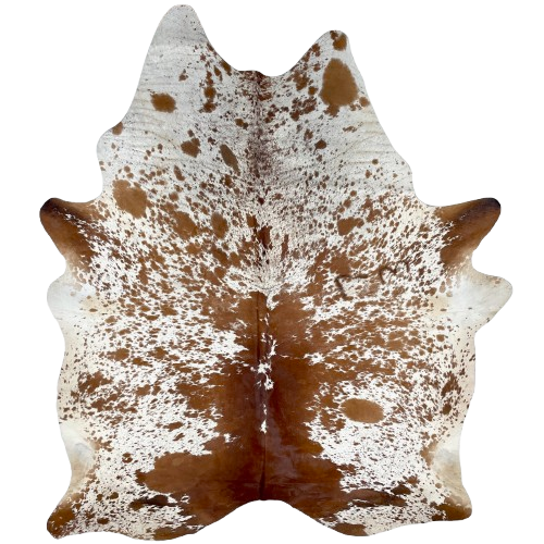 Large Reddish Brown and White Speckled Brazilian Cowhide: white with reddish brown speckles and spots, and one brand mark on each side of the butt and another on the right side of the back - 7'10" x 5'9" (BRSP3237)