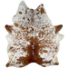 Large Reddish Brown and White Speckled Brazilian Cowhide: white with reddish brown speckles and spots, and one brand mark on each side of the butt and another on the right side of the back - 7'10" x 5'9" (BRSP3237)