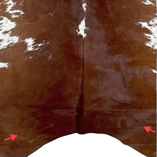Closeup of this Large Reddish Brown and White Speckled Brazilian Cowhide, showing one brand mark on each side of the butt (BRSP3237)