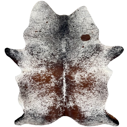 XL Tricolor Speckled Brazilian Cowhide: white with brown and black speckles and spots, and one brand mark on the right side of the butt - 8' x 5'8" (BRSP3239)