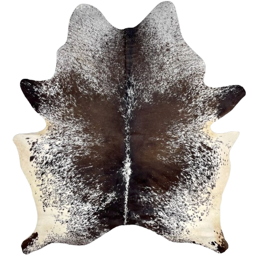 Dk Brown and White Speckled Brazilian Cowhide: white with dark brown speckles and spots, and cream on the belly and butt - 6'10" x 5'6" (BRSP3248)