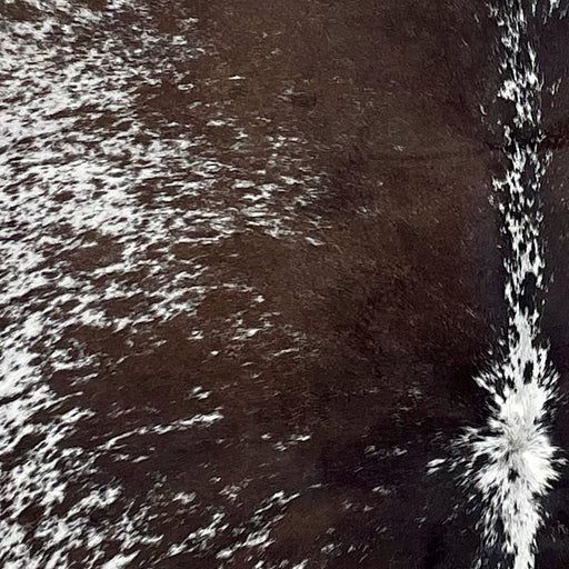 Closeup of this Speckled Brazilian Cowhide, showing white with dark brown speckles and spots (BRSP3248)