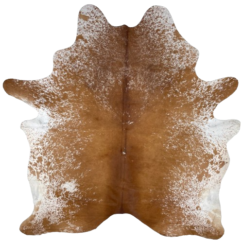 Caramel and White Speckled Brazilian Cowhide: caramel down the middle of the back, and white with caramel speckles and spots on the belly, shoulder, butt, and shanks- 7'3" x 5'11" (BRSP3254)