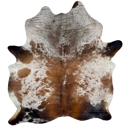 Brown and White Speckled Brazilian Cowhide: white with reddish brown, medium brown, and blackish brown spots and speckles, and one brand mark on the right side of the back - 6'9" x 5'9" (BRSP3260)