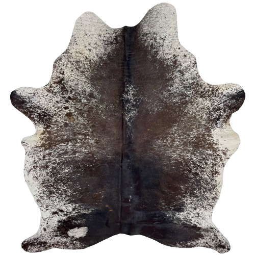 Dk Chocolate and White Speckled Brazilian Cowhide: dark chocolate, with some white speckles, down the middle, white with dark chocolate speckles and spots on the belly, shanks, and part of the shoulder and butt, and three brand marks on the right side of the butt- 7'2" x 5'5" (BRSP3261)