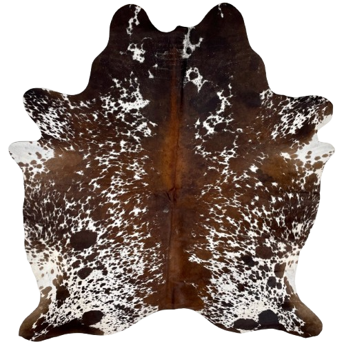 Brown and White Speckled Brazilian Cowhide: white with reddish brown and dark brown speckles and spots - 6'8" x 5'6" (BRSP3265)