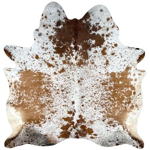 Tricolor Speckled Brazilian Cowhide: white with caramel and dark brown speckles and spots, and some black speckles on the butt and shanks - 7'3" x 6'6" (BRSP3268)