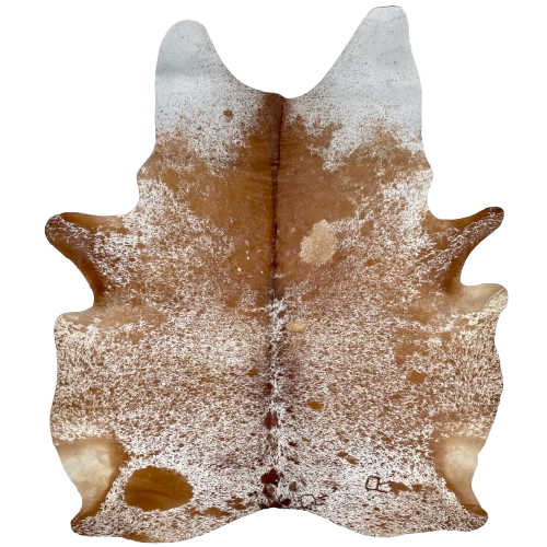 Large Brown and White Speckled Brazilian Cowhide: white with brown speckles and spots, and two brand marks on the right side of the butt - 7'5" x 6' (BRSP3273)