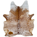Large Brown and White Speckled Brazilian Cowhide: white with brown speckles and spots, and two brand marks on the right side of the butt - 7'5" x 6' (BRSP3273)