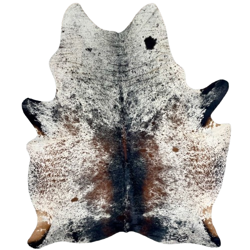 Large Tricolor Speckled Brazilian Cowhide: white with black and brown speckles and spots, and one obvious and one inconspicuous brand mark on the right side of the butt, and one inconspicuous brand mark on the left side of the butt - 7'8" x 5'10" (BRSP3274)