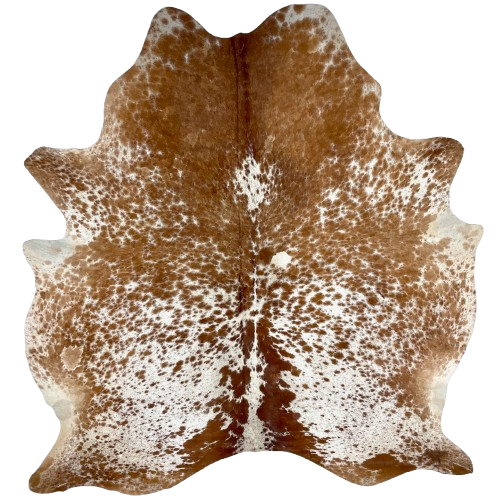 Large Brown and White Speckled Brazilian Cowhide: white with brown speckles and spots, and one brand mark on the right side of the butt - 7'5" x 6'3" (BRSP3283)