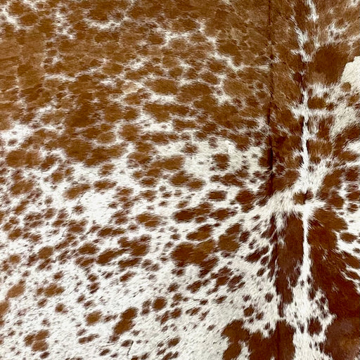closeup of this Large Speckled Brazilian Cowhide, showing white with brown speckles and spots (BRSP3283)