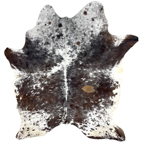 Large Tricolor Speckled Brazilian Cowhide: has a mix of dark brown and black, with white speckles on the back, belly, and three shanks, white with dark brown and black speckles and spots on the butt, shoulder, and one shank, and it has one light brown spot on the right side of the back - 7'11" x 5'7" (BRSP3285)