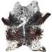 Large Tricolor Speckled Brazilian Cowhide: has a mix of dark brown and black, with white speckles on the back, belly, and three shanks, white with dark brown and black speckles and spots on the butt, shoulder, and one shank, and it has one light brown spot on the right side of the back - 7'11" x 5'7" (BRSP3285)