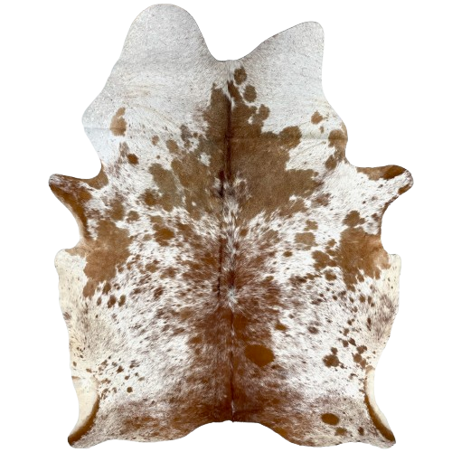 Large Brown and White Speckled Brazilian Cowhide: white with reddish brown and chocolate speckles and spots - 7'5" x 5'4" (BRSP3287)