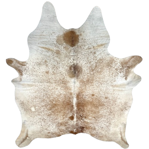 Off-White and Lt Brown Speckled Brazilian Cowhide: off-white with light brown speckles and spots, two brand marks on the right side of the back and two on the right side of the butt - 7'3" x 6' (BRSP3290)