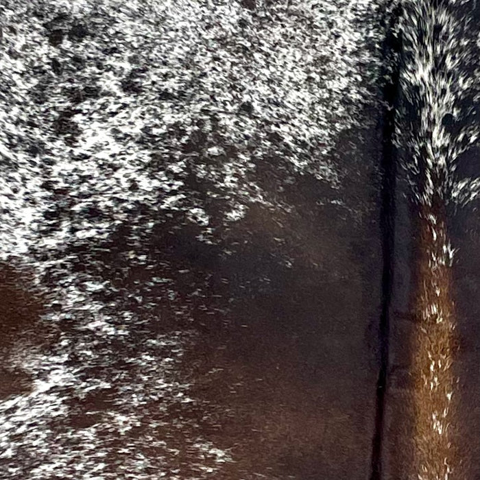 Closeup of this Tricolor Speckled Brazilian Cowhide, showing white with dark brown and black speckles and spots  (BRSP3292)