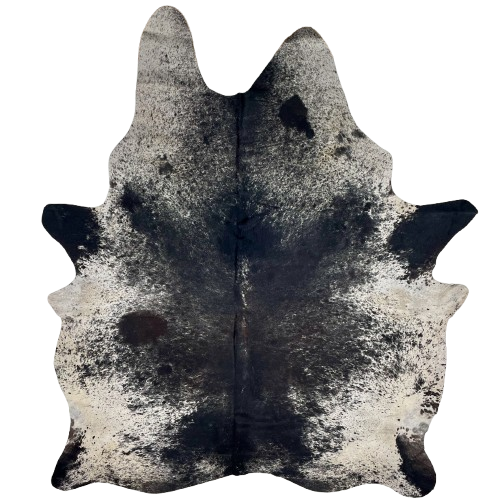 XL Black and Off-White Speckled Brazilian Cowhide: black with off-white speckles down the middle, and on the fore shanks and off-white with black speckles and spots on the belly, butt, hind shanks, and shoulder, and a touch of dark brown on the spine - 8' x 6'1" (BRSP3299)