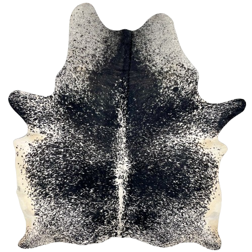 Black and White Speckled Brazilian Cowhide: black with white speckles and spots, and off-white on the belly - 7'1" x  5'10" (BRSP3301)
