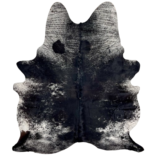 Large Black and White Speckled Brazilian Cowhide: white with black, speckles and spots, and mostly solid black down the middle of the back - 7'9" x 5'11" (BRSP3302)