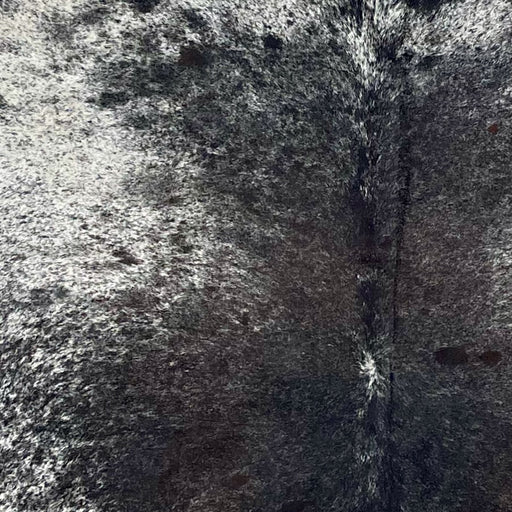 Closeup of this Large Speckled Brazilian Cowhide, showing white with black speckles and spots, and a large black spot, with hints of dark brown, in the middle of the back (BRSP3303)