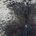 Closeup of this Large Speckled Brazilian Cowhide, showing white with black speckles and spots, and a large black spot, with hints of dark brown, in the middle of the back (BRSP3303)