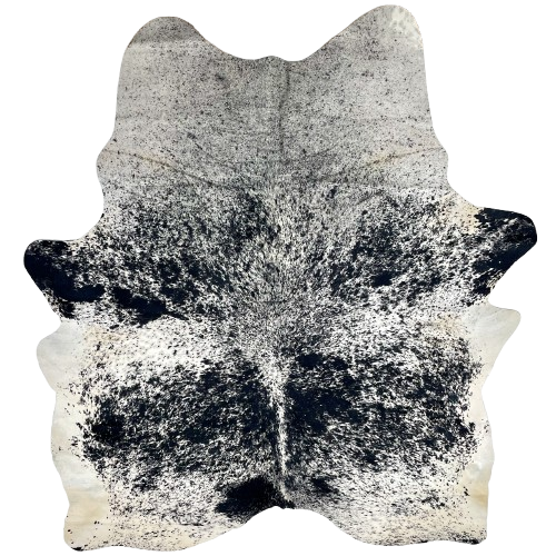 Black and White Speckled Brazilian Cowhide: black with white speckles and spots, and off-white on the belly, butt, and hind shanks - 7'10" x 6'4" (BRSP3304)