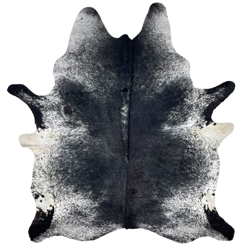 Large Black and White Speckled Brazilian Cowhide: black with white speckles down the middle, and white with black speckles on the belly, butt shanks, and shoulder - 7'9" x 5'11" (BRSP3305)