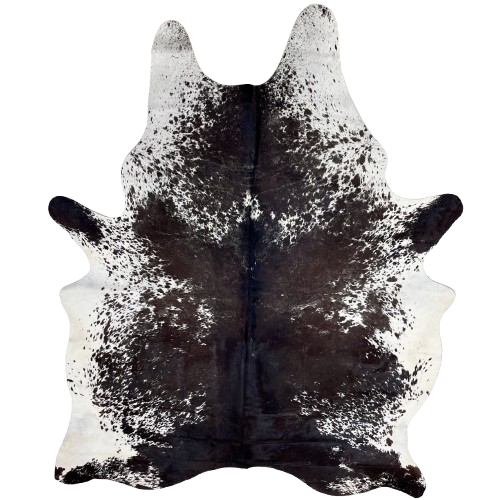 Large Blackish Brown and White Speckled Brazilian Cowhide: white with blackish brown speckles and spots, and mostly solid blackish brown down the middle - 7'10" x 5'8" (BRSP3309)