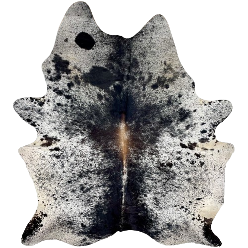 Large White and Black Speckled Brazilian Cowhide: white with black speckles and spots, and brown down part of the spine - 7'11" x 6'3" (BRSP3310)