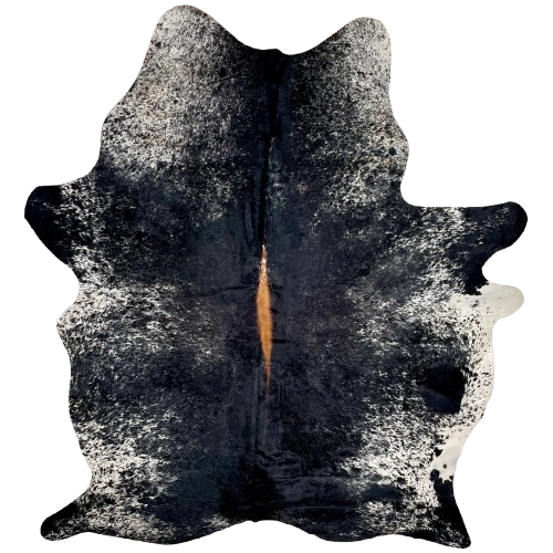 Large Black and White Speckled Brazilian Cowhide: black with fine, white speckles down the middle, white with black speckles and spots on the belly, shanks, and shoulder, and brown down part of the spine - 7'5" x 5'6" (BRSP3312)