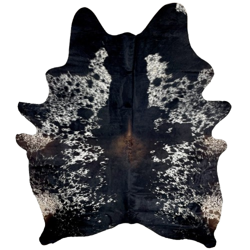 XL Black and White Speckled Brazilian Cowhide: black down the middle, white with black speckles and spots down both sides, a brown spot on the middle of the back, and some brown spots on part of the belly - 8'4" x 6'6" (BRSP3313)