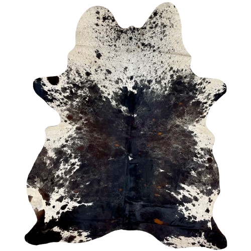 Large Dark Tricolor Speckled Brazilian Cowhide: has a mix of black and dark brown with white speckles, a few small, reddish brown spots, and white with black speckles and spots on the belly, shoulder, and shanks - 7'5" x 5'7" (BRSP3314)