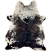 Large Dark Tricolor Speckled Brazilian Cowhide: has a mix of black and dark brown with white speckles, a few small, reddish brown spots, and white with black speckles and spots on the belly, shoulder, and shanks - 7'5" x 5'7" (BRSP3314)