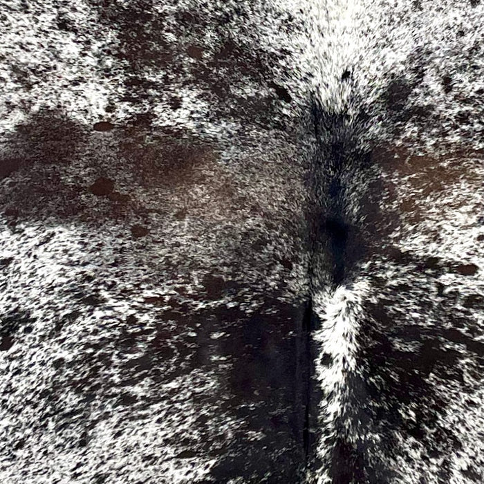 Closeup of this extra-large Tricolor Speckled Brazilian Cowhide, showing white with black and dark brown speckles and spots (BRSP3316)