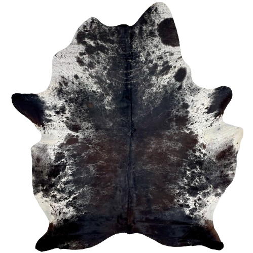 Large Dark Tricolor Speckled Brazilian Cowhide: has a mix of black and dark brown, with white speckles, and white with black speckles and spots on the belly and shoulder - 7'6" x 5'10" (BRSP3317)
