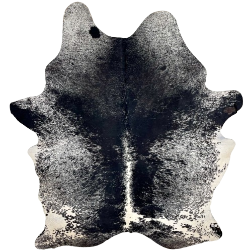 Large Black and White Speckled Brazilian Cowhide: white with black speckles and spots, and mostly solid black down both sides of the spine - 7'11" x 5'11" (BRSP3319)