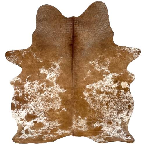 Brown and White Speckled Brazilian Cowhide: white with brown speckles and spots, and mostly solid brown on the shoulder and down the middle, and one brand mark on the left side of the back - 5'11" x 4'8" (BRSP3324)
