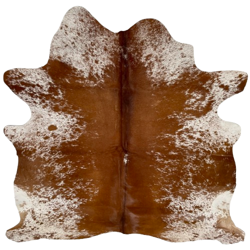 Reddish Brown and White Speckled Brazilian Cowhide: white with reddish brown speckles and spots, and mostly solid reddish brown down the middle - 6'2" x 5'4" (BRSP3325)