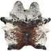 Tricolor Speckled Brazilian Cowhide: has a mix of black, dark brown, and dark reddish brown, with white speckles and spots down the middle, and white with black, dark brown, and dark reddish brown speckles and spots on the belly and shoulder - 6'8" x 5'5" (BRSP3326)