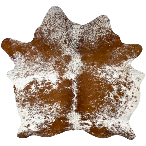 Reddish Brown and White Speckled Brazilian Cowhide: white with reddish brown speckles and large and small spots, and one brand mark on the left side of the butt - 6' x 5'3" (BRSP3327)