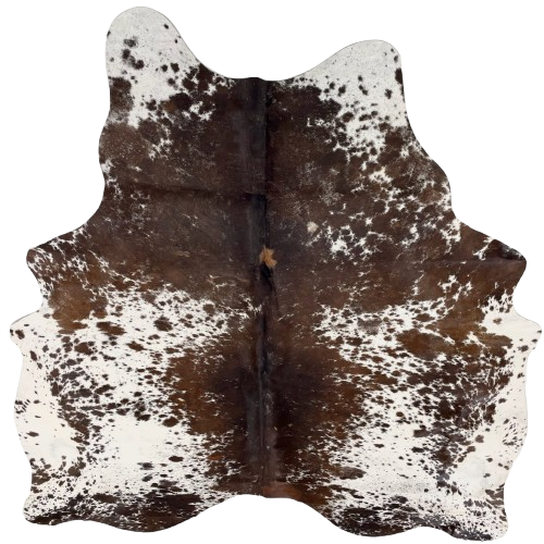 Dark Brown and White Speckled Brazilian Cowhide: white with dark brown speckles and large and small spots, and mostly solid dark brown down the middle - 6'9" x 5'11" (BRSP3329)