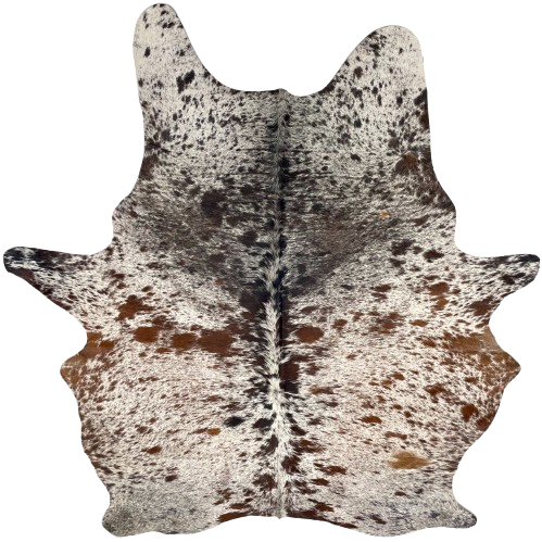 Tricolor Speckled Brazilian Cowhide: white with brown and black speckles and spots, and one brand mark on the right side of the butt - 7'2" x 5'2" (BRSP3330)