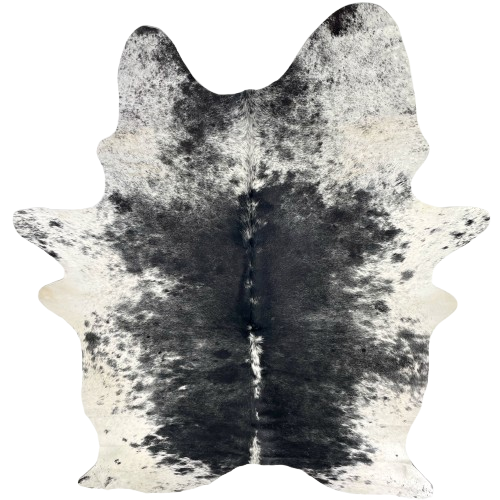 Black and White Speckled Brazilian Cowhide: white with black speckles and spots on the belly, shoulder, and shanks, and black with white speckles down both sides of the back - 7'4" x 4'11" (BRSP3335)
